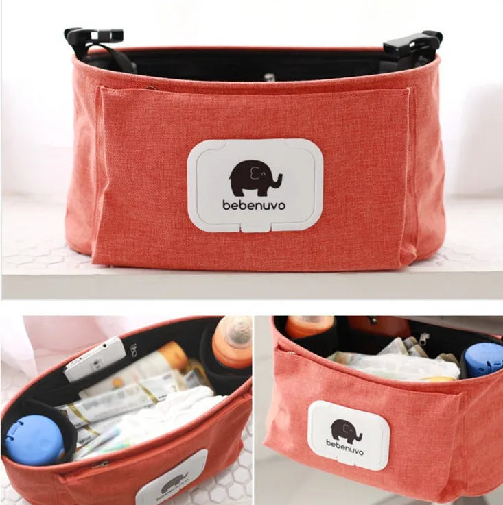 オレンジのベビーカー用オーガナイザー正面と中身の見え方（ベビーカーオーガナイザー）
