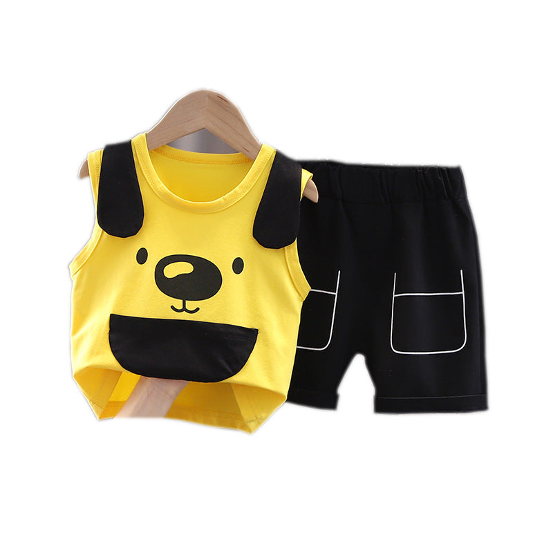 夏の外遊びがもっと快適になる 男の子カジュアル上下2点セット 犬フェイスプリント ラウンドネックノースリーブトップス＋ショートパンツ コットン 80~120cm