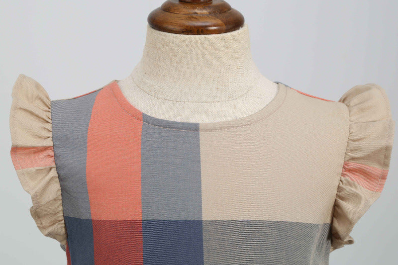 上品マルチチェックで写真映えする 女の子フリル袖ワンピース ピュアコットン 90~140cm