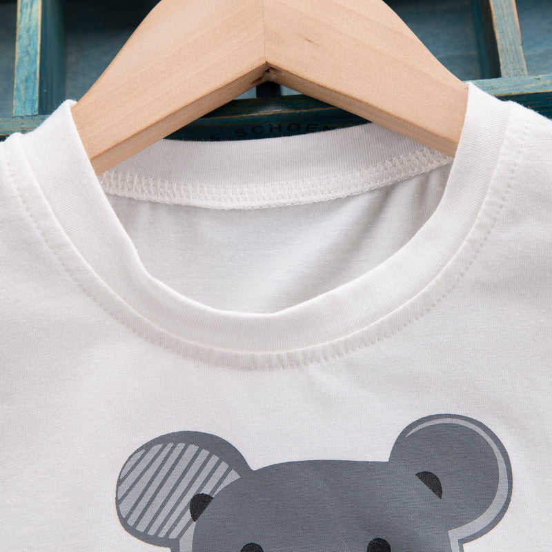 さらっと動きやすい 男の子半袖Tシャツ＆チェックパンツ上下セット くまプリント コットン 80~110cm