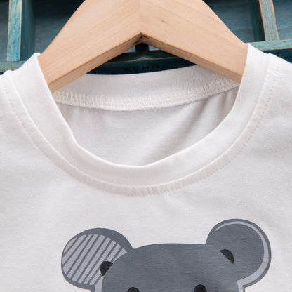 さらっと動きやすい 男の子半袖Tシャツ＆チェックパンツ上下セット くまプリント コットン 80~110cm