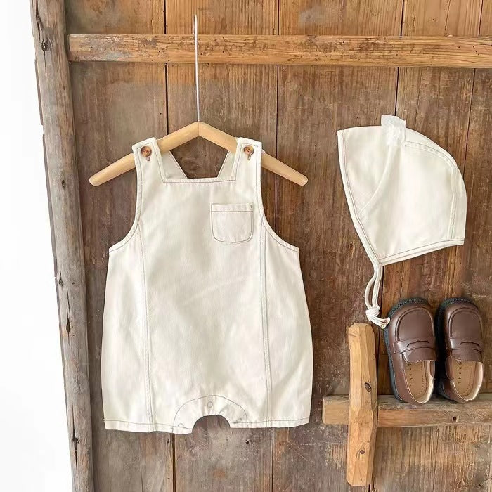 夏のおでかけがもっと可愛くなる 赤ちゃんユニセックス デニムサロペット風オーバーオール 帽子付き ノースリーブ コットン アプリコット・ブルー 66~90cm