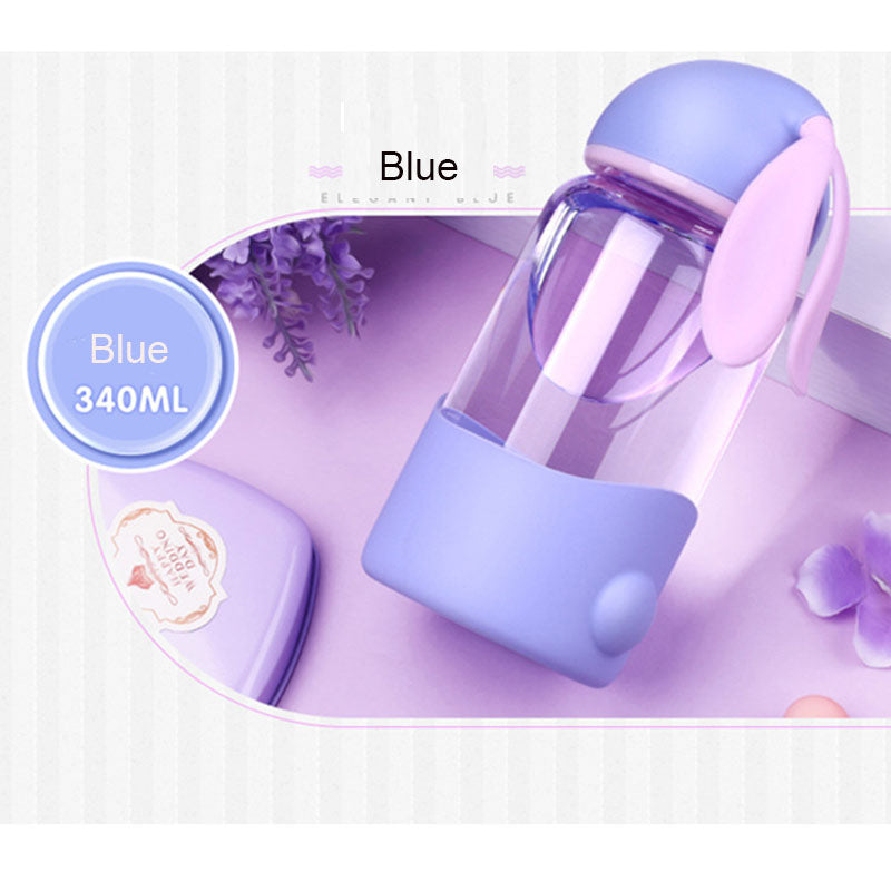 ブルー340mlのうさ耳デザイン耐熱ガラスボトル シリコンホルダー付き（キッズ水筒）
