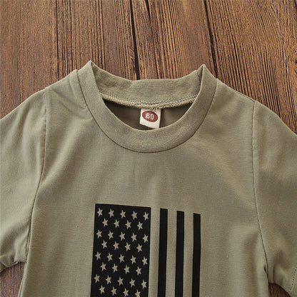 夏の外遊びがかっこよく決まる 男の子上下セット 半袖Tシャツ＆ロングパンツ 星条旗プリント×カモフラ柄 コットン/ポリエステル 70〜110cm