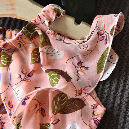 涼やかリーフ柄で夏のおでかけが映える 女の子ノースリーブワンピース シフォン風プリント 韓国風 ピンク・イエロー 100~140cm