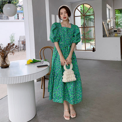 華やかに体型カバー マタニティワンピース フローラル柄 パフスリーブ スクエアネック ポリエステル素材 M〜XXL