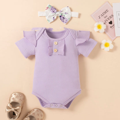 ふんわりフリル袖で写真映えする 女の子ベビー半袖ロンパース バイオレット 花柄ショートパンツ＆リボンヘアバンド付き コットン95% スナップ留め 70~100cm