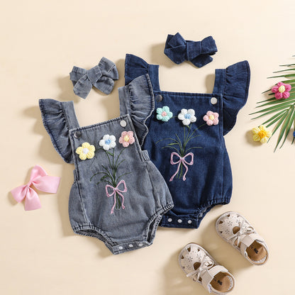 夏の涼しさを上品にまとう 女の子ノースリーブリネンロンパース トライアングルデザイン ヘアバンド付き 0〜18ヶ月