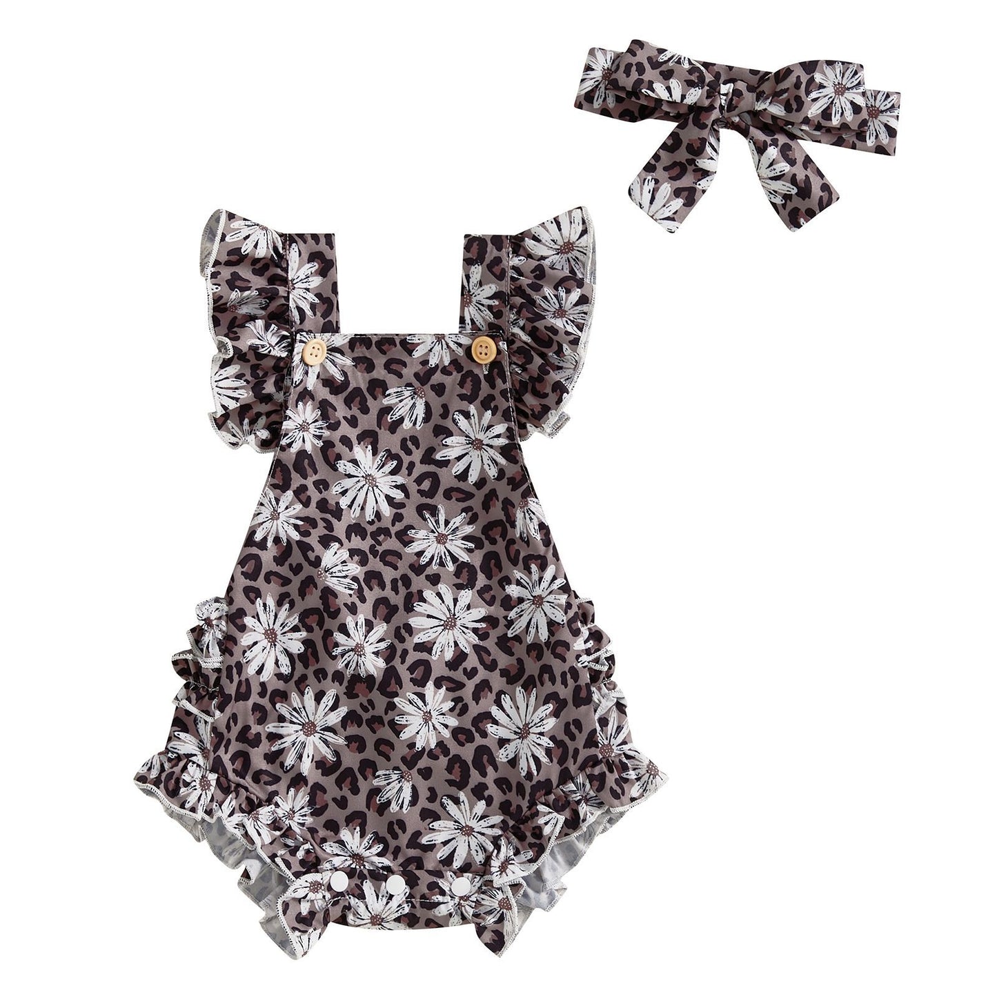 ふんわりフリルで写真映えする 赤ちゃん三角ロンパース 花柄プリント コットン ヘアバンド付き 0〜18ヶ月