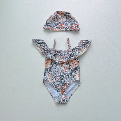 【スイムキャップ付き】花柄フリルスリング ガールズワンピース水着 80・90・100・110cm（フローラル2色）