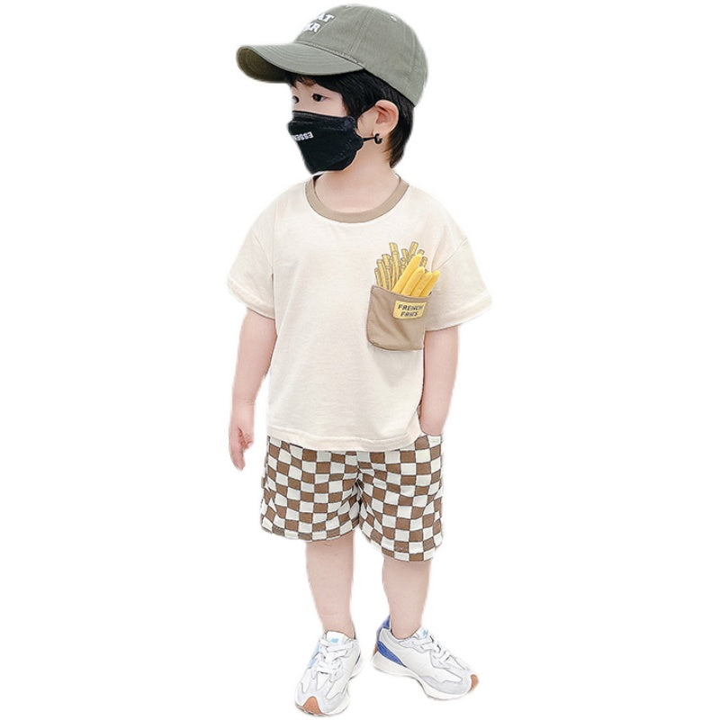 さらっと夏映えでおしゃれに決まる 男の子上下セット 半袖Tシャツ＆ショートパンツ フライドポテトポケットプリント チェッカー柄ショーツ ポリエステル ミルクティー 90〜150cm