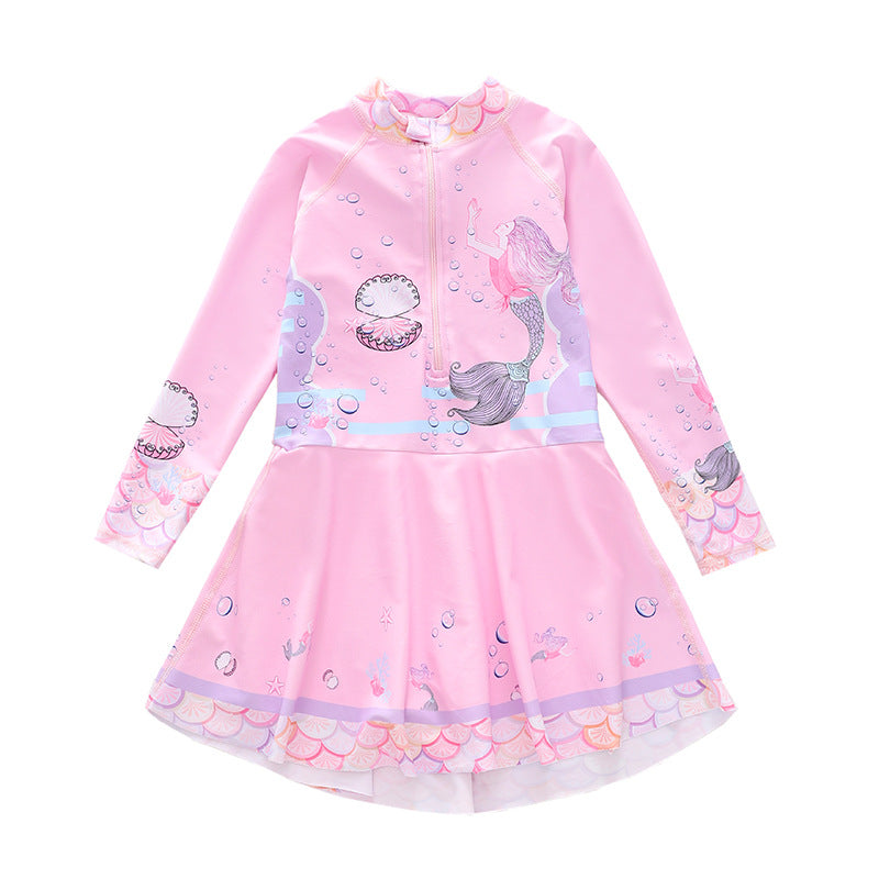 キッズ女の子 長袖ドレス風ワンピース水着 マーメイド柄 ハーフジップ 速乾ポリエステル 3〜14歳