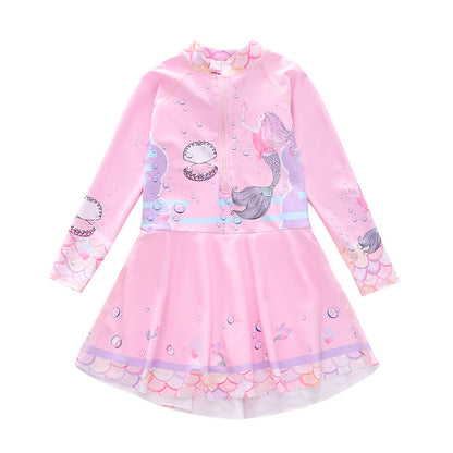 キッズ女の子 長袖ドレス風ワンピース水着 マーメイド柄 ハーフジップ 速乾ポリエステル 3〜14歳
