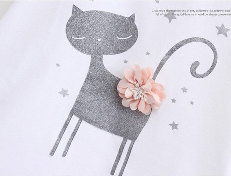 おめかし気分が高まる 女の子半袖Tシャツ＆ふんわりスカートセット ねこカートゥーン立体フラワー コットン混 90~130cm