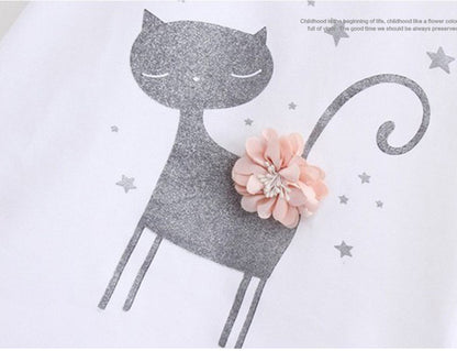 おめかし気分が高まる 女の子半袖Tシャツ＆ふんわりスカートセット ねこカートゥーン立体フラワー コットン混 90~130cm