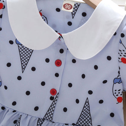 さらっと涼しく毎日が楽しくなる 女の子ドールカラーワンピース おえかき柄・水玉アイス柄 コットン混 90~130cm