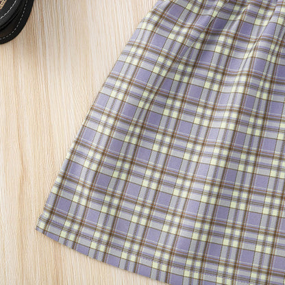 きちんと見えで可愛さ引き立つ 女の子ハイネック長袖トップス×チェック柄ジャンパースカート 2点セット ポリエステル混 90~130cm