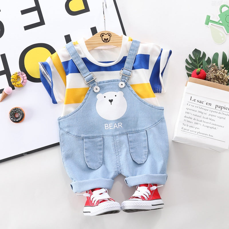 さらり涼しく動きやすい 子どもサロペットショーツセット ボーダーTシャツ くまプリント コットン 80~110cm