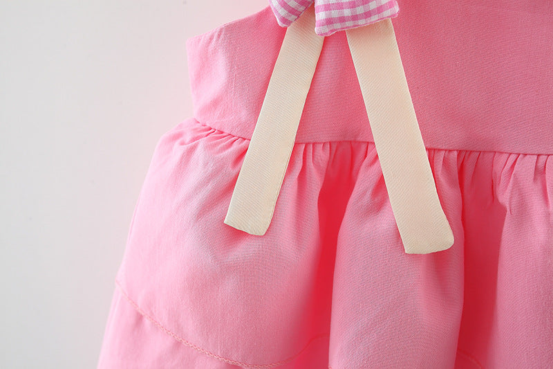 ふんわりティアードとチェック花モチーフが可憐に映える 女の子サスペンダーワンピース コットン素材 73~100cm