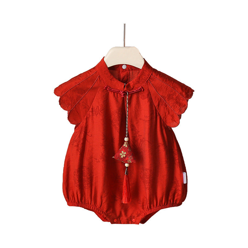 軽やかチャイナ風が映える ベビー三角ロンパース レッド・アプリコット タッセル付き レーヨン 66~90cm
