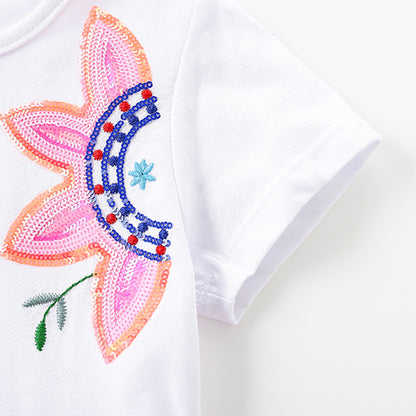 ふんわりチュールでプリンセス気分が高まる 女の子半袖ワンピース 花柄スパンコール ピンク コットン素材 90~140cm