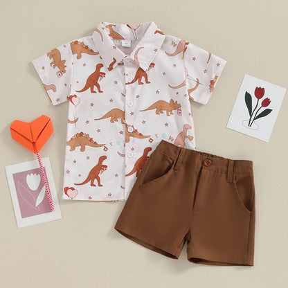 元気に動けてきちんと見えも叶う 男の子半袖シャツ＆恐竜柄デザイン上下セット コットン 80〜120cm