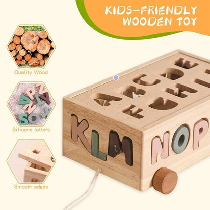 キッズ向け木製アルファベット形合わせセット レターカーと文字パーツの構成一覧

