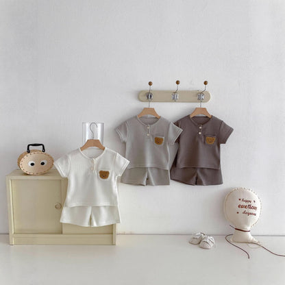 さらっと涼しく毎日コーデが整う 子ども半袖上下セット くまワッペン付きワッフル調 コットン素材 73~110cm