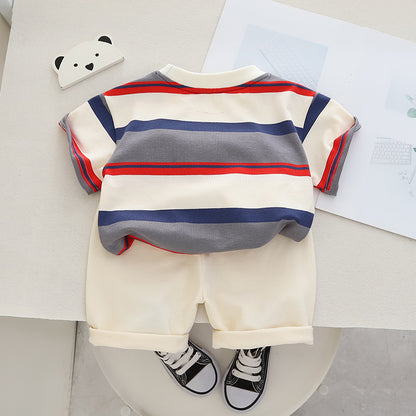 さらっと快適に着回せる 男の子ボーダー半袖Tシャツ＆ショートパンツ上下セット ワンポイントモチーフ コットン 90〜130cm