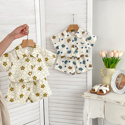 さらっと涼しくきちんと可愛い 男の子半袖襟付きシャツ上下セット 子ねこ＆スターラブ柄 コットン素材 73~110cm