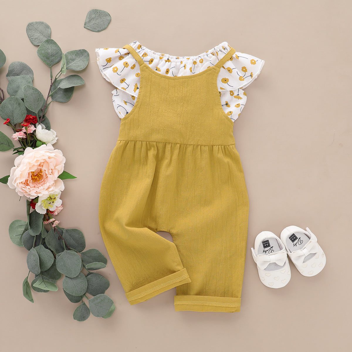 夏を涼しく可憐に楽しむ 女の子ノースリーブトップス＆サロペット二点セット 花柄フリルデザイン コットン 80~120cm