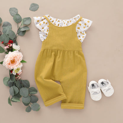 夏を涼しく可憐に楽しむ 女の子ノースリーブトップス＆サロペット二点セット 花柄フリルデザイン コットン 80~120cm