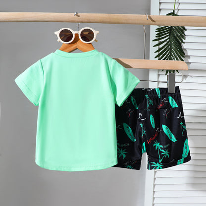 爽やかビーチ気分で動きやすい 男の子半袖Tシャツ&ショートパンツセット ヤシの木刺繍 コットン 6-12ヶ月~3-4歳