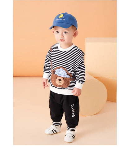 毎日コーデがすぐ決まる 子ども長袖上下セット ボーダートップス くまワッペンデザイン コットン95% ブラック 73~130cm