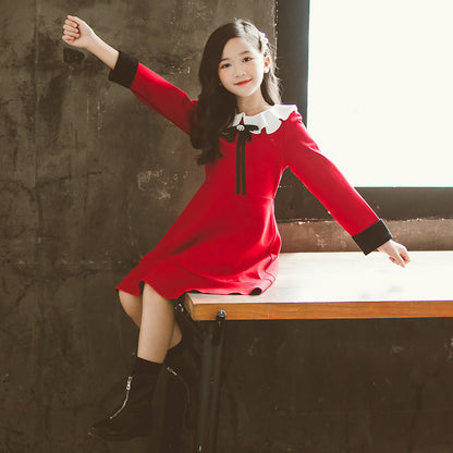 きちんと上品に映える 女の子長袖プリンセスワンピース 大きめ襟フリルデザイン コットン 裏起毛あり/なし 90~150cm