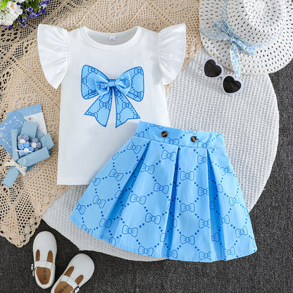 ふんわり蝶プリントが映える 女の子フラッタースリーブタンクトップ＆プリーツスカートセット ポリエステル素材 2〜8歳