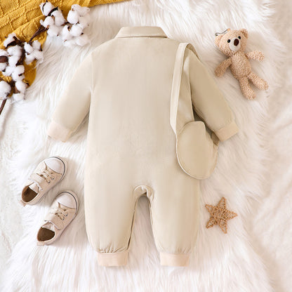 アプリコットの長袖ベビーカバーオール 背面デザインが分かる全体イメージ
