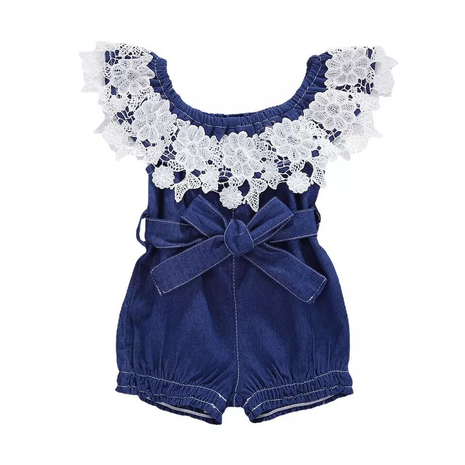 上品レースフリルで可憐に決まる 女の子オフショルダーデニムロンパース リボン付き 薄手 70〜100cm