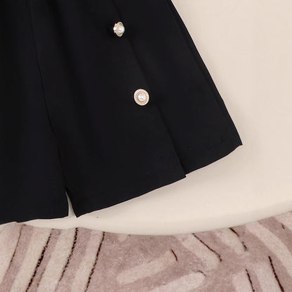 ビッグフラワーモチーフが華やぐ 女の子半袖Tシャツ＆パールボタンショートパンツセット コットン素材 4〜7歳