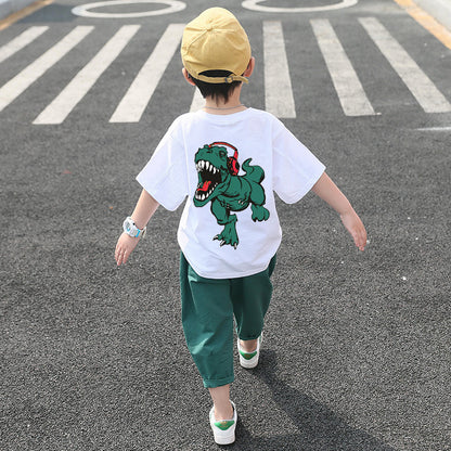 元気に動ける子どもにぴったり 男の子半袖Tシャツ＆九分丈パンツ上下セット 恐竜バックプリント コットン 100~160cm