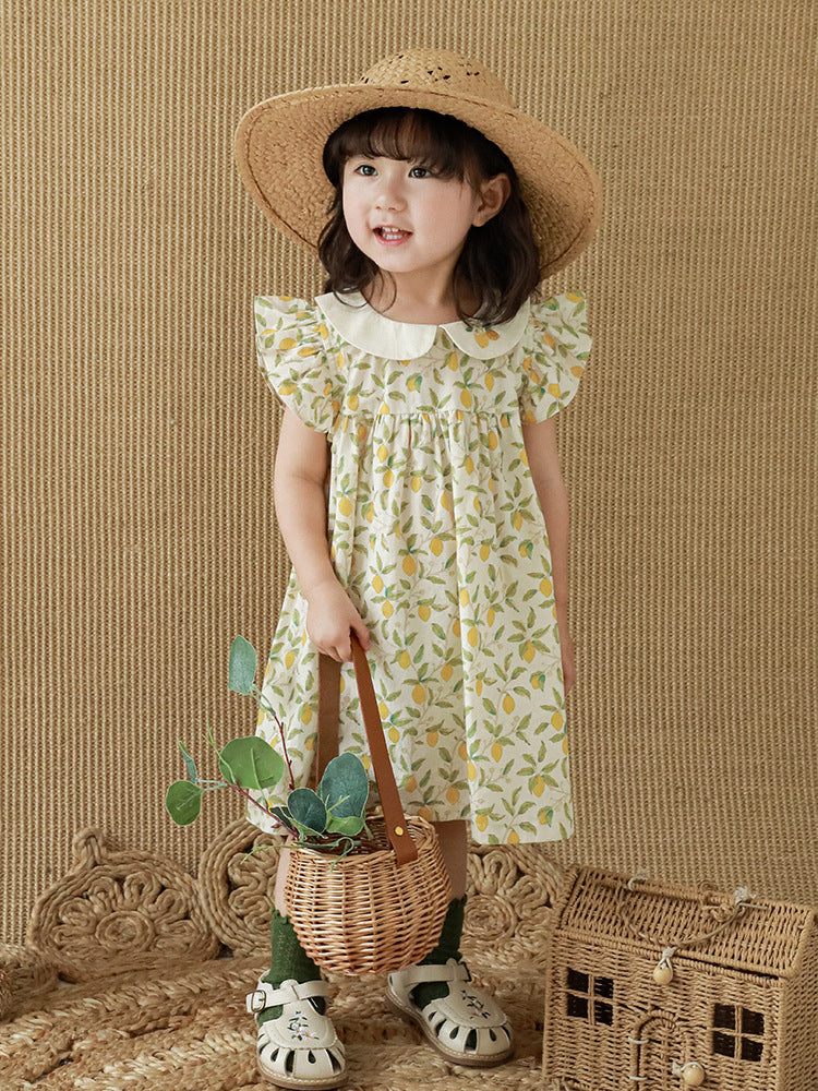 夏のレモンフルーツ柄で涼やかに可愛くまとまる 女の子半袖ワンピース 丸襟フリルスリーブ コットン 80~130cm