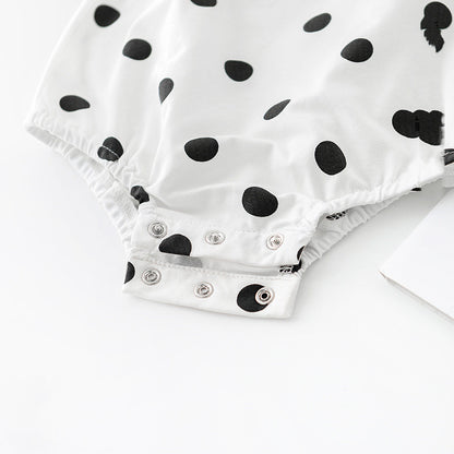 ふんわり軽やかで夏も快適 赤ちゃん三角ロンパース たまごモチーフ水玉デザイン コットン混 紐付きハットセット 66〜90cm