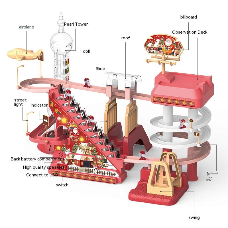 階段をのぼって滑り台を滑り降りるサンタフィギュアの動きが分かるイメージ
