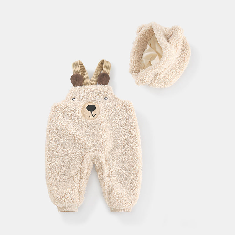 男の子にも女の子にも似合うニュートラルカラーのベビーつなぎ
