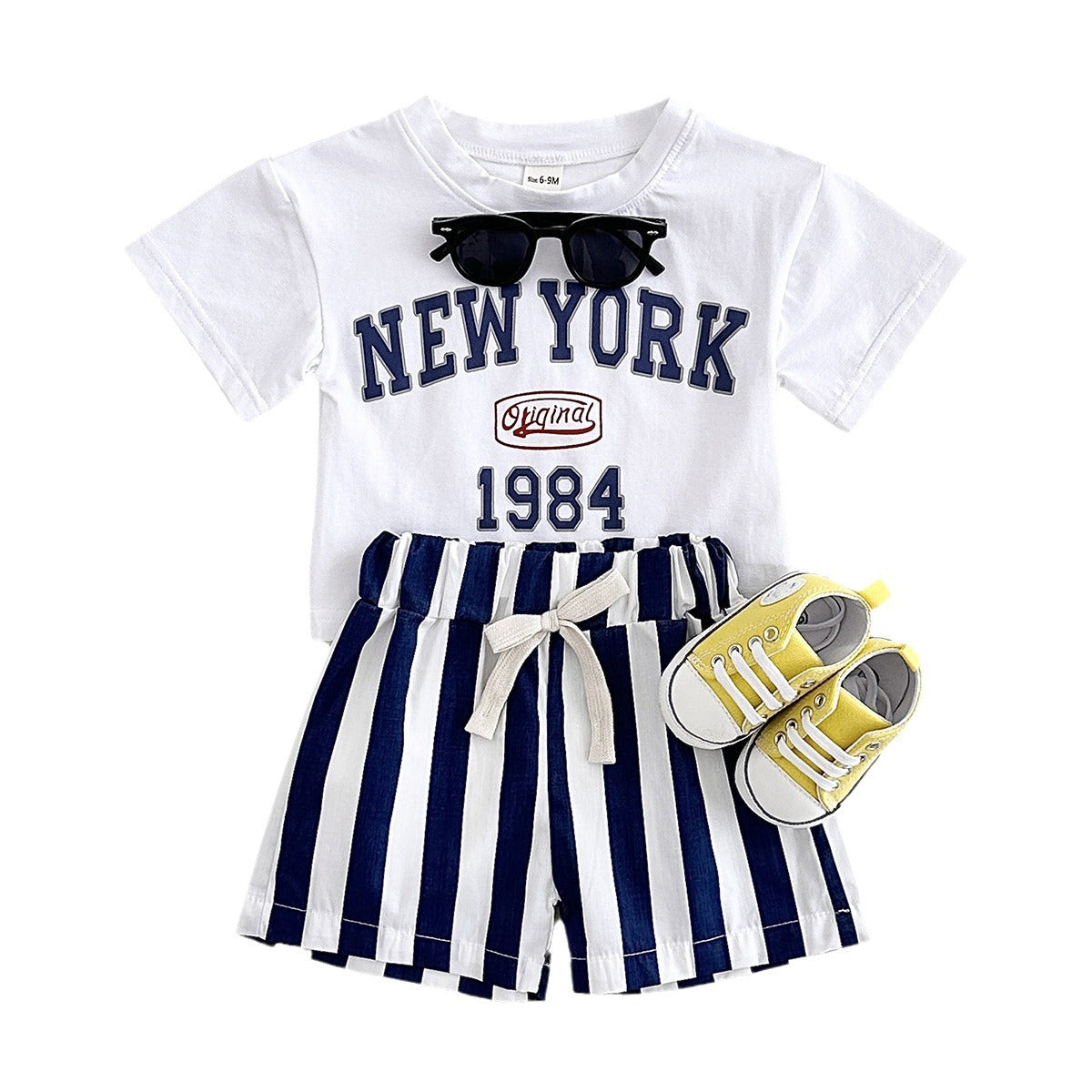 キッズ 夏用 半袖Tシャツ＆ショートパンツ 2点セット NEW YORK レタープリント コットン 韓国風 66〜100cm