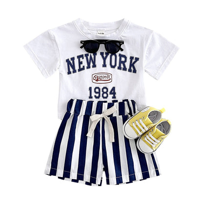 キッズ 夏用 半袖Tシャツ＆ショートパンツ 2点セット NEW YORK レタープリント コットン 韓国風 66〜100cm