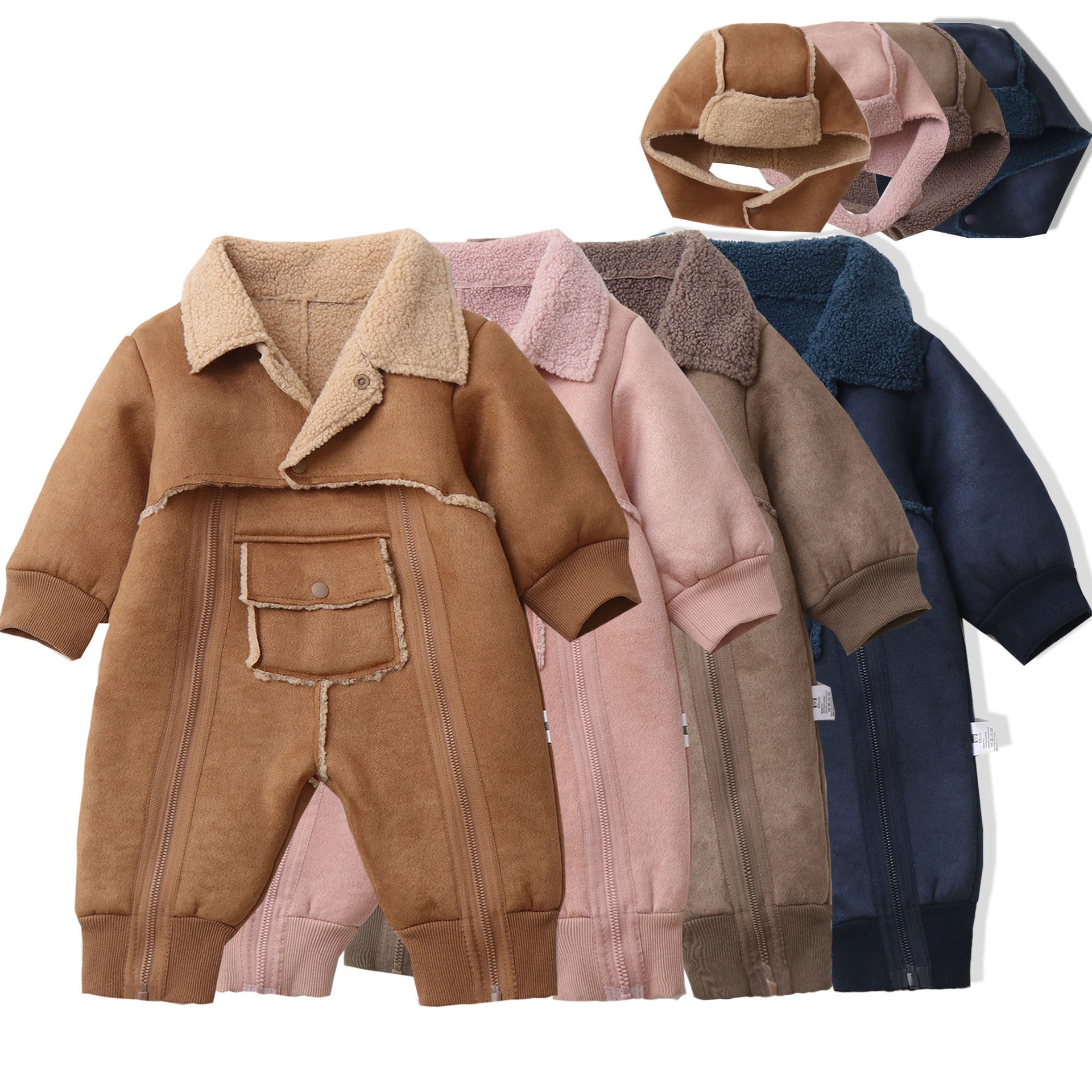 フード付き長袖ジャンプスーツの冬用デザイン
