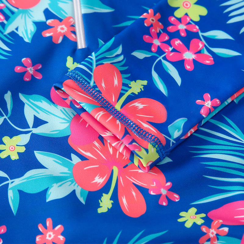 女の子 長袖ワンピース水着 トロピカル花柄 ネイビー系 ボタニカルプリント 速乾ポリエステル 100cm・110cm・120cm・130cm・140cm・150cm