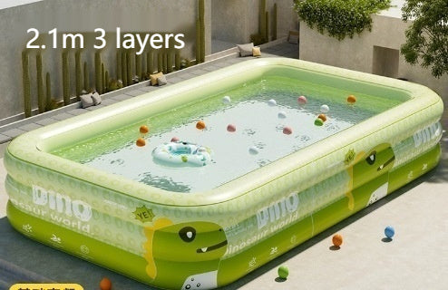 恐竜デザイン 日よけシェード付きインフレータブルプール 3層PVC・排水口付き 家庭用おうちプール（ドラゴンベビーグリーン／150・180・210cm）