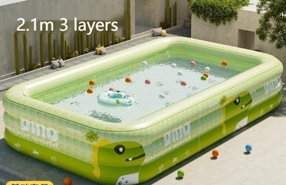 恐竜デザイン 日よけシェード付きインフレータブルプール 3層PVC・排水口付き 家庭用おうちプール（ドラゴンベビーグリーン／150・180・210cm）